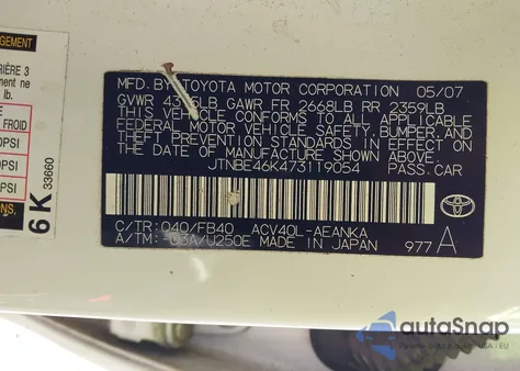 2007 Toyota Camry Le from USA, damaged, VIN JTNBE46K473119054